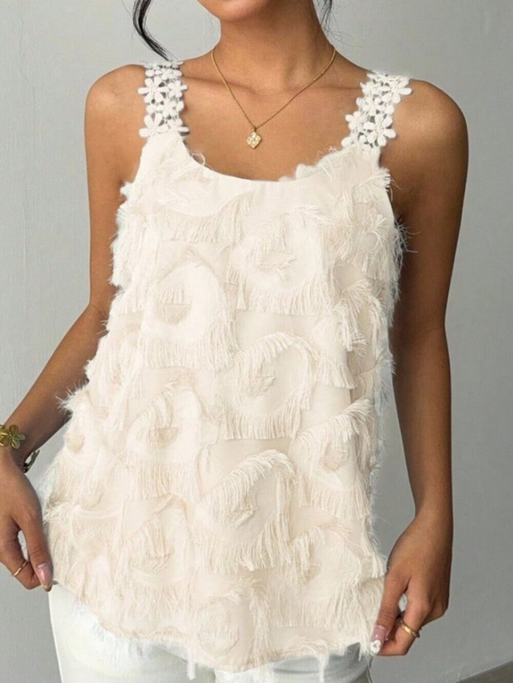 Apricot Casual Women's Elegant Floral Lace Patchwork Textured Camisole Top - Picture 6 of 7